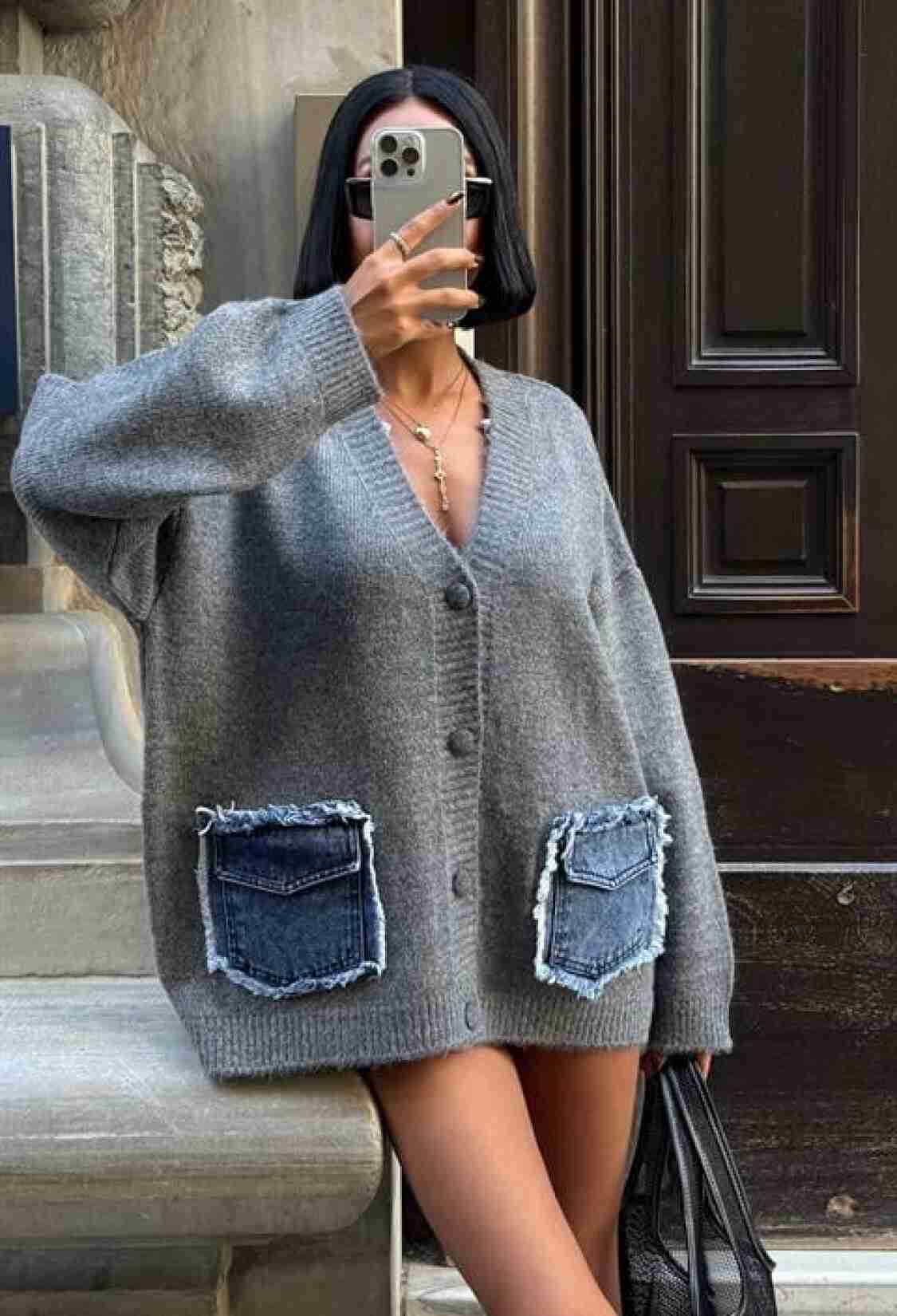 Grey Oversized Fit V-Neck Cardigan - Brand: Sobe Istanbul - Women & Kids, Baby Clothes Wholesale - TheBS Women
