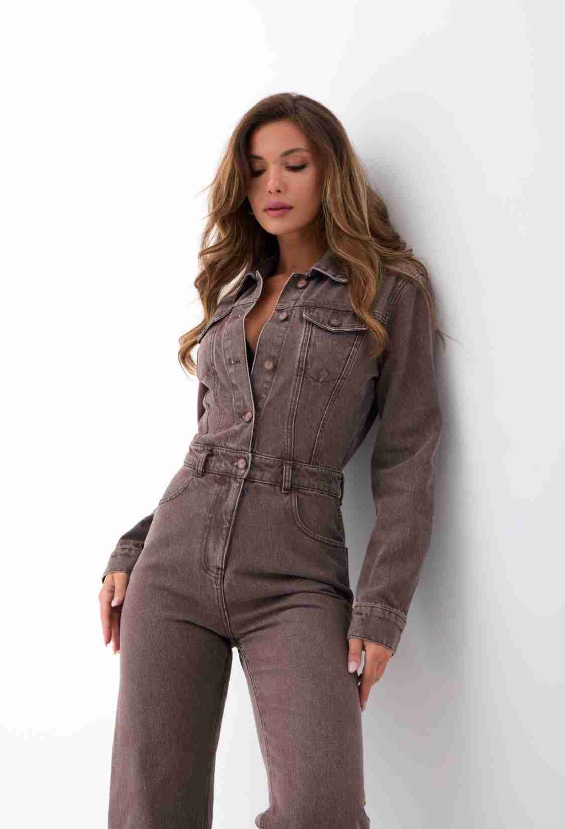 Brown Elegant Jumpsuit With Flap Pockets - Brand: Fame - Women & Kids, Baby Clothes Wholesale - TheBS Women