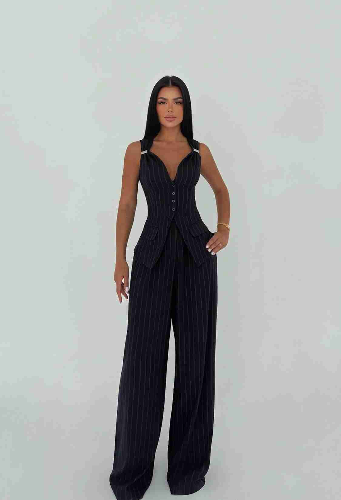 Black Striped Formal Slim Fit Sleeveless Suit - Brand: EYYO ATELIER - Women & Kids, Baby Clothes Wholesale - TheBS Women