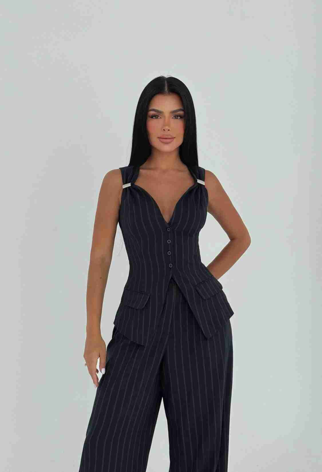 Black Striped Formal Slim Fit Sleeveless Suit - Brand: EYYO ATELIER - Women & Kids, Baby Clothes Wholesale - TheBS Women