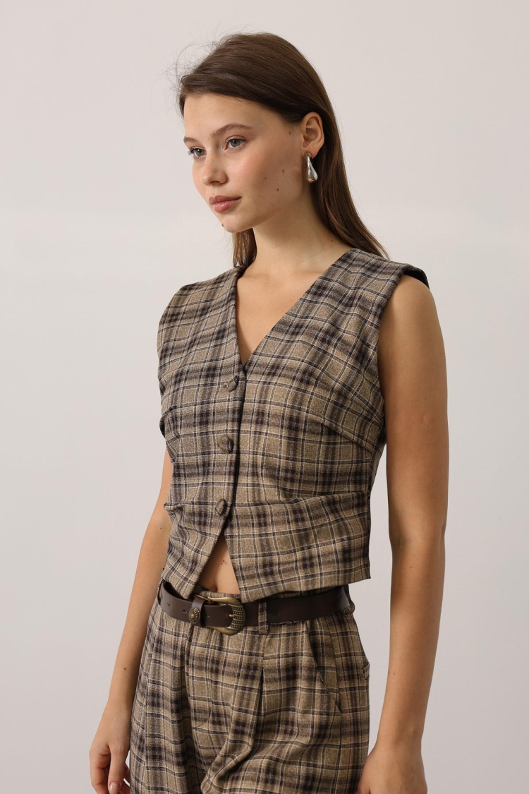 Beige Vintage Plaid Buttoned Vest - Brand: Reyon - Women & Kids, Baby Clothes Wholesale - TheBS Women