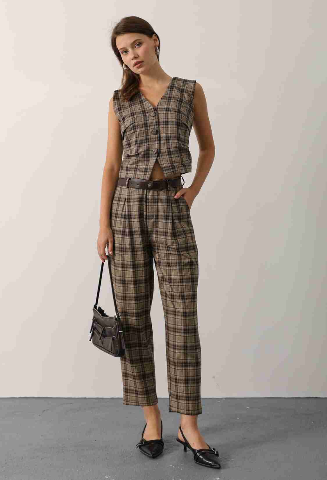Brown Plaid Tapered Carrot Pants - Brand: Reyon - Women & Kids, Baby Clothes Wholesale - TheBS Women