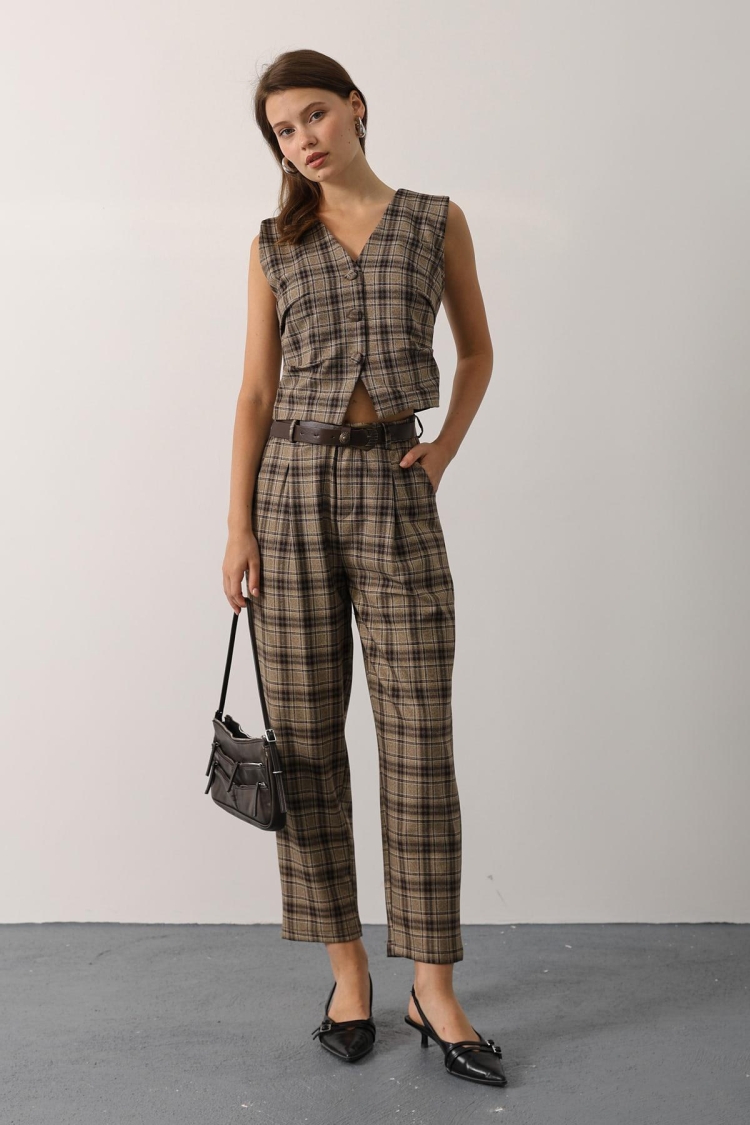Brown Plaid Tapered Carrot Pants - Brand: Reyon - Women & Kids, Baby Clothes Wholesale - TheBS Women