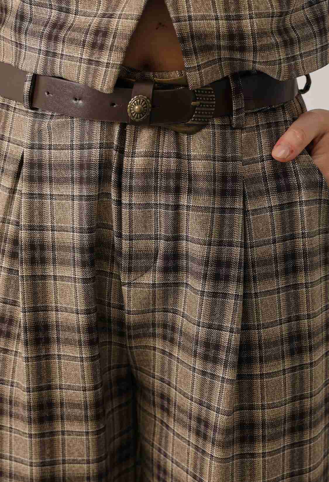 Brown Plaid Tapered Carrot Pants - Brand: Reyon - Women & Kids, Baby Clothes Wholesale - TheBS Women