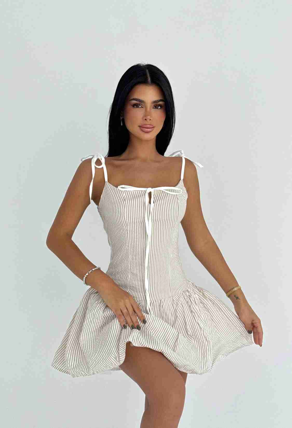 Beige Fit And Flare Mini Dress With Square Neck - Brand: EYYO ATELIER - Women & Kids, Baby Clothes Wholesale - TheBS Women