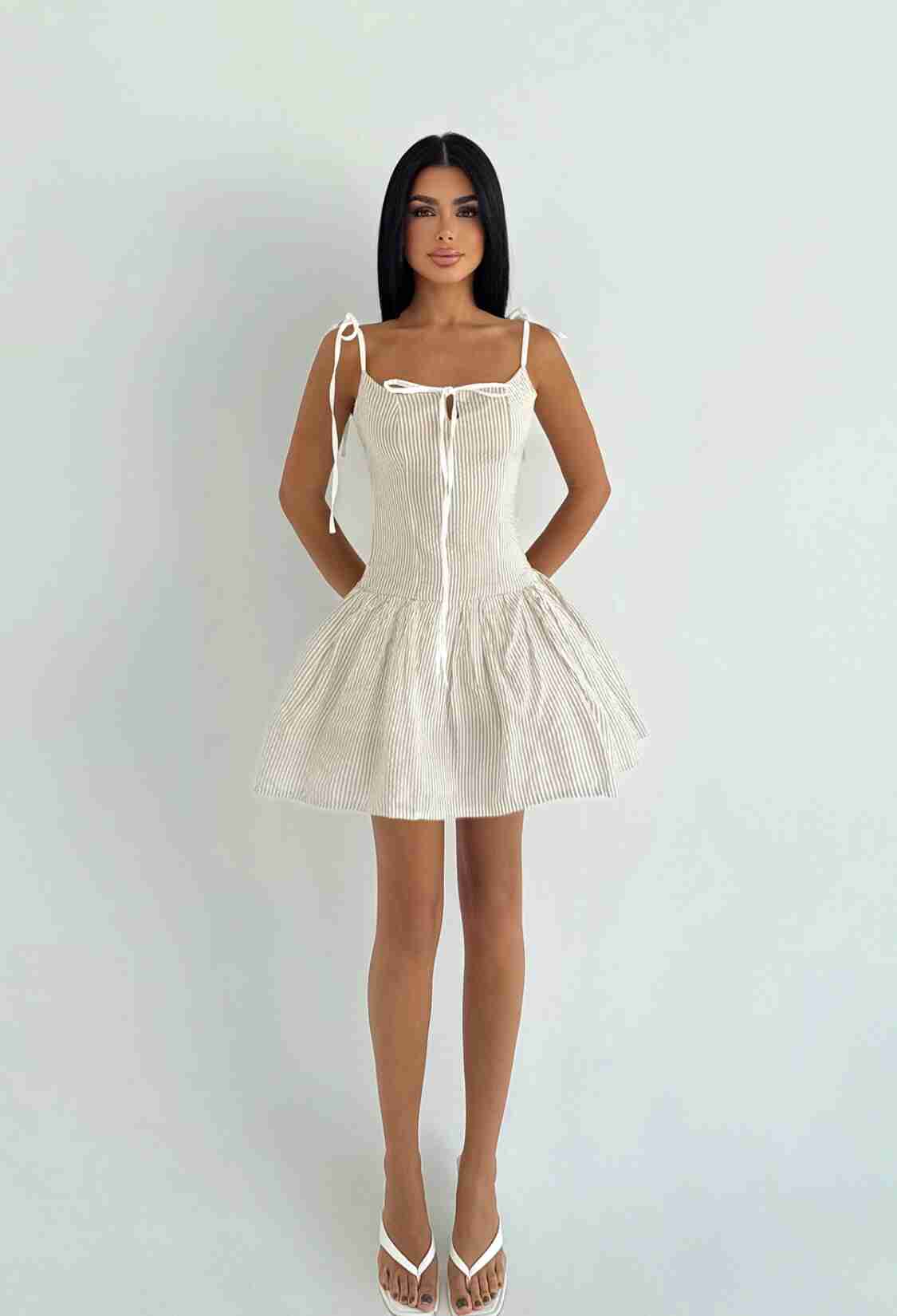 Beige Fit And Flare Mini Dress With Square Neck - Brand: EYYO ATELIER - Women & Kids, Baby Clothes Wholesale - TheBS Women