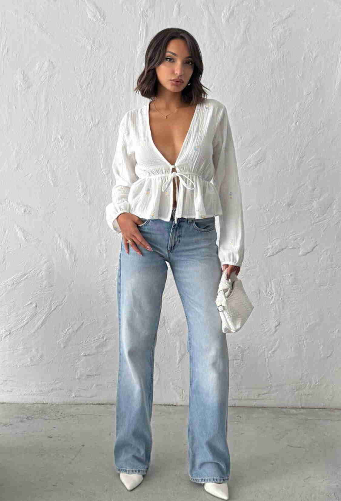 White Floral Blouse With Plunging Neck - Brand: Topshow - Women & Kids, Baby Clothes Wholesale - TheBS Women