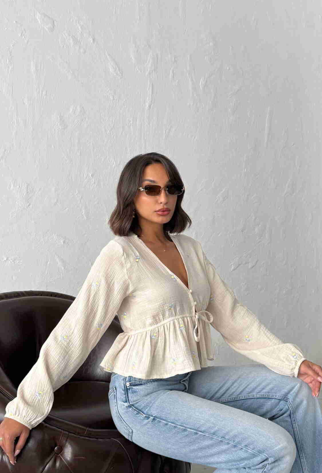 Beige Boho Slim Fit V-Neck Blouse - Brand: Topshow - Women & Kids, Baby Clothes Wholesale - TheBS Women