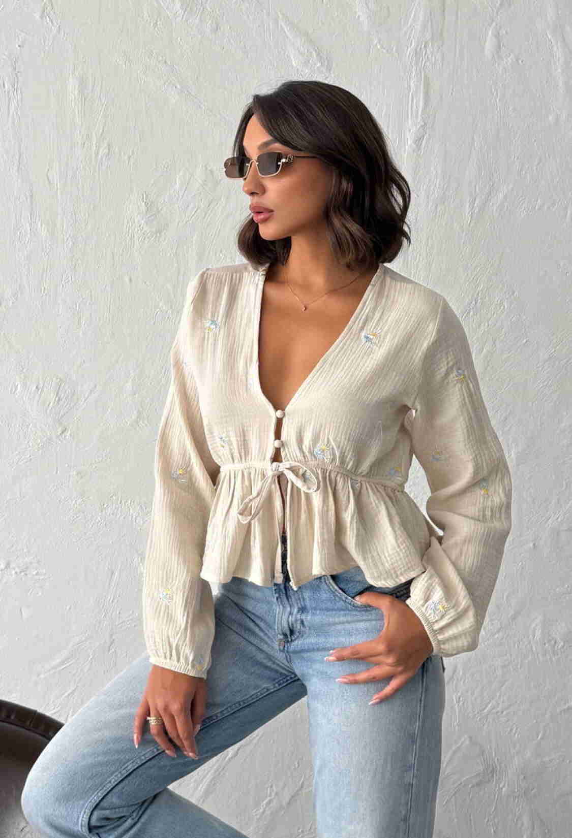 Beige Boho Slim Fit V-Neck Blouse - Brand: Topshow - Women & Kids, Baby Clothes Wholesale - TheBS Women
