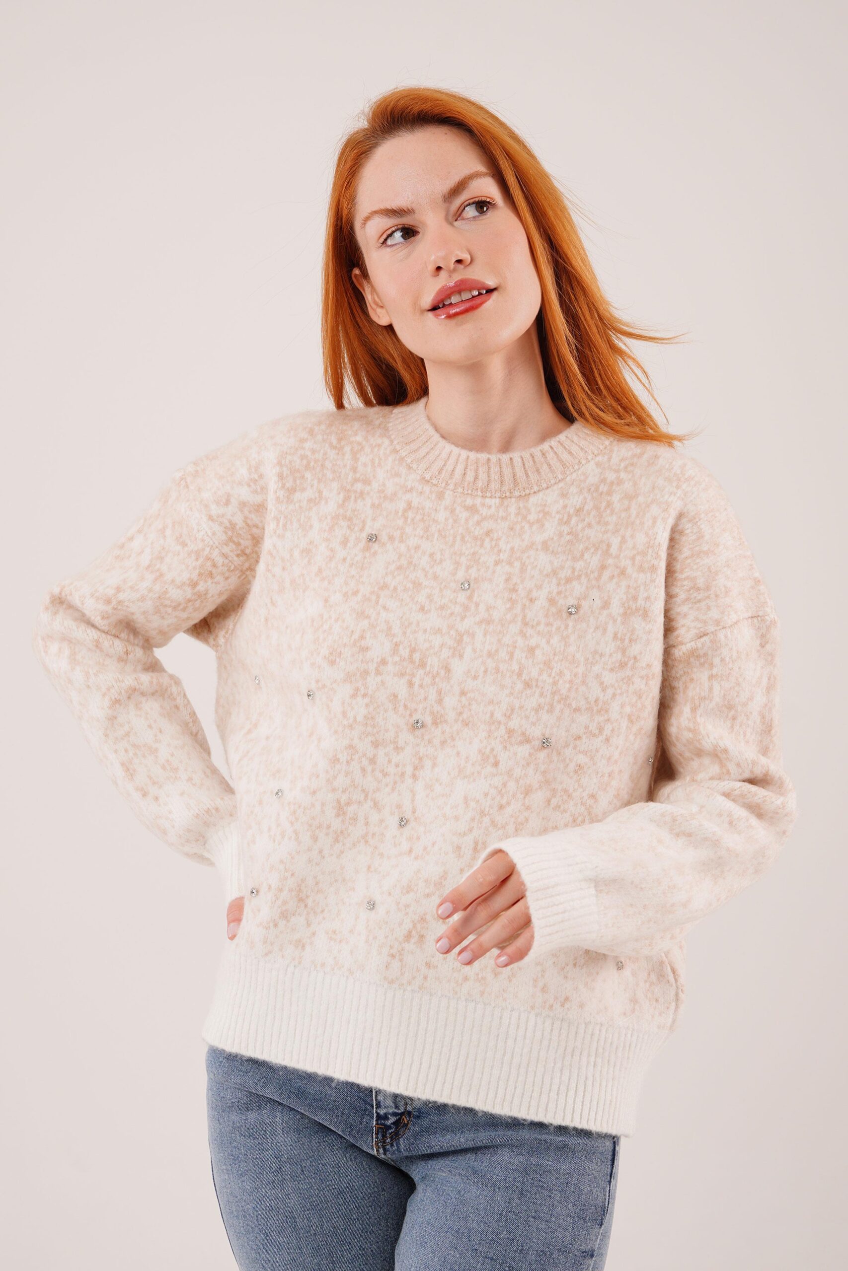 Beige Sweater With Oversized Fit And Crew Neck - Brand: Lustrin - Women & Kids, Baby Clothes Wholesale - TheBS Women