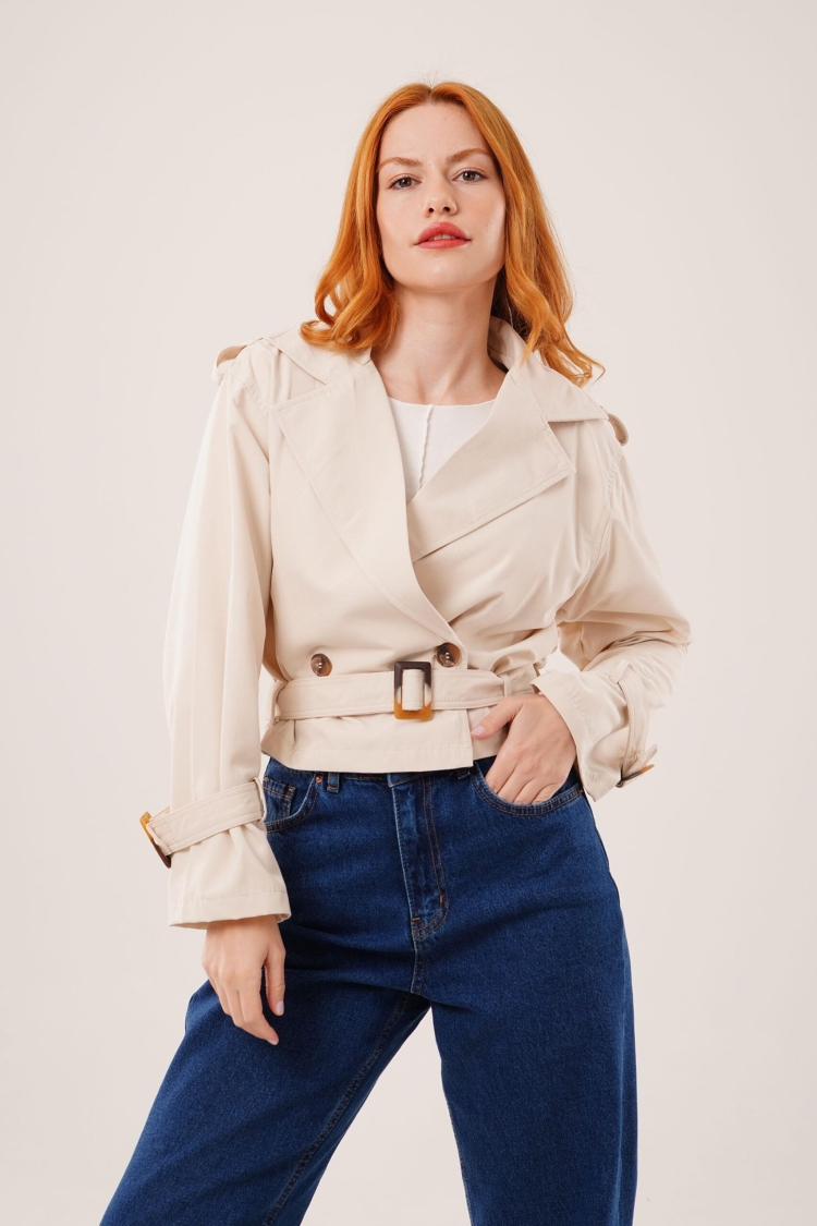 Beige Trenchcoat - Elegant Single-Breasted Wrapover - Brand: Lustrin - Women & Kids, Baby Clothes Wholesale - TheBS Women