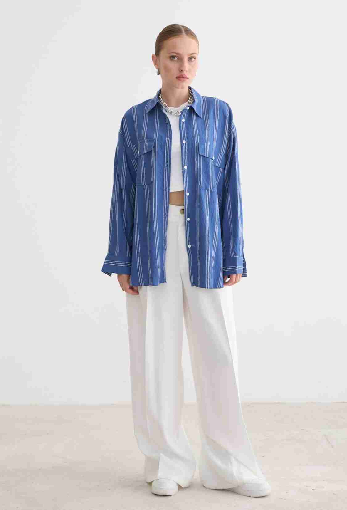 Blue Oversized Casual Striped Shirt - Brand: Levure - Women & Kids, Baby Clothes Wholesale - TheBS Women