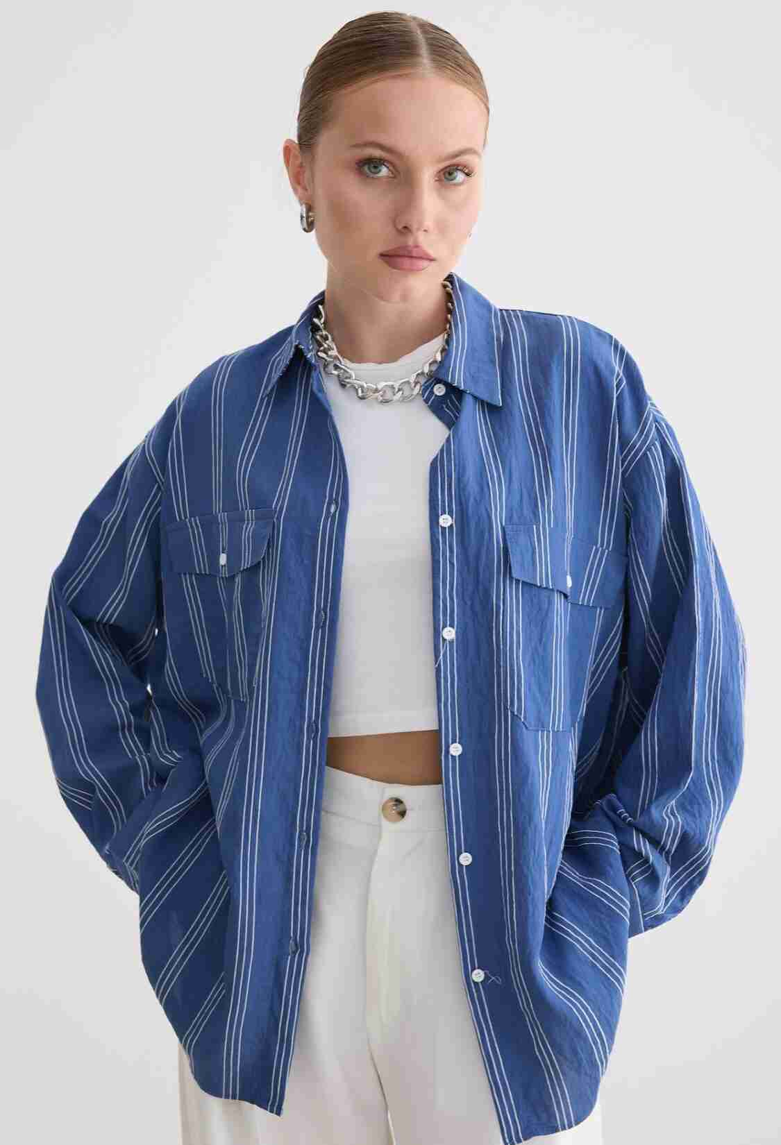 Blue Oversized Casual Striped Shirt - Brand: Levure - Women & Kids, Baby Clothes Wholesale - TheBS Women