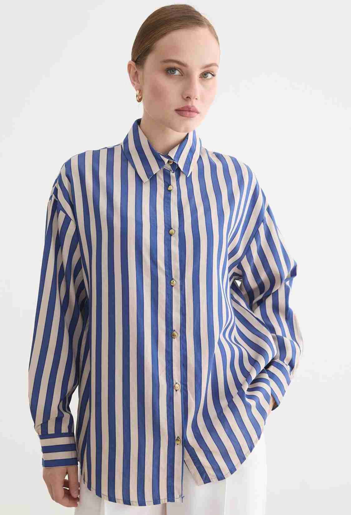 Blue Striped Oversized Fit Shirt With Notched Neck - Brand: Levure - Women & Kids, Baby Clothes Wholesale - TheBS Women
