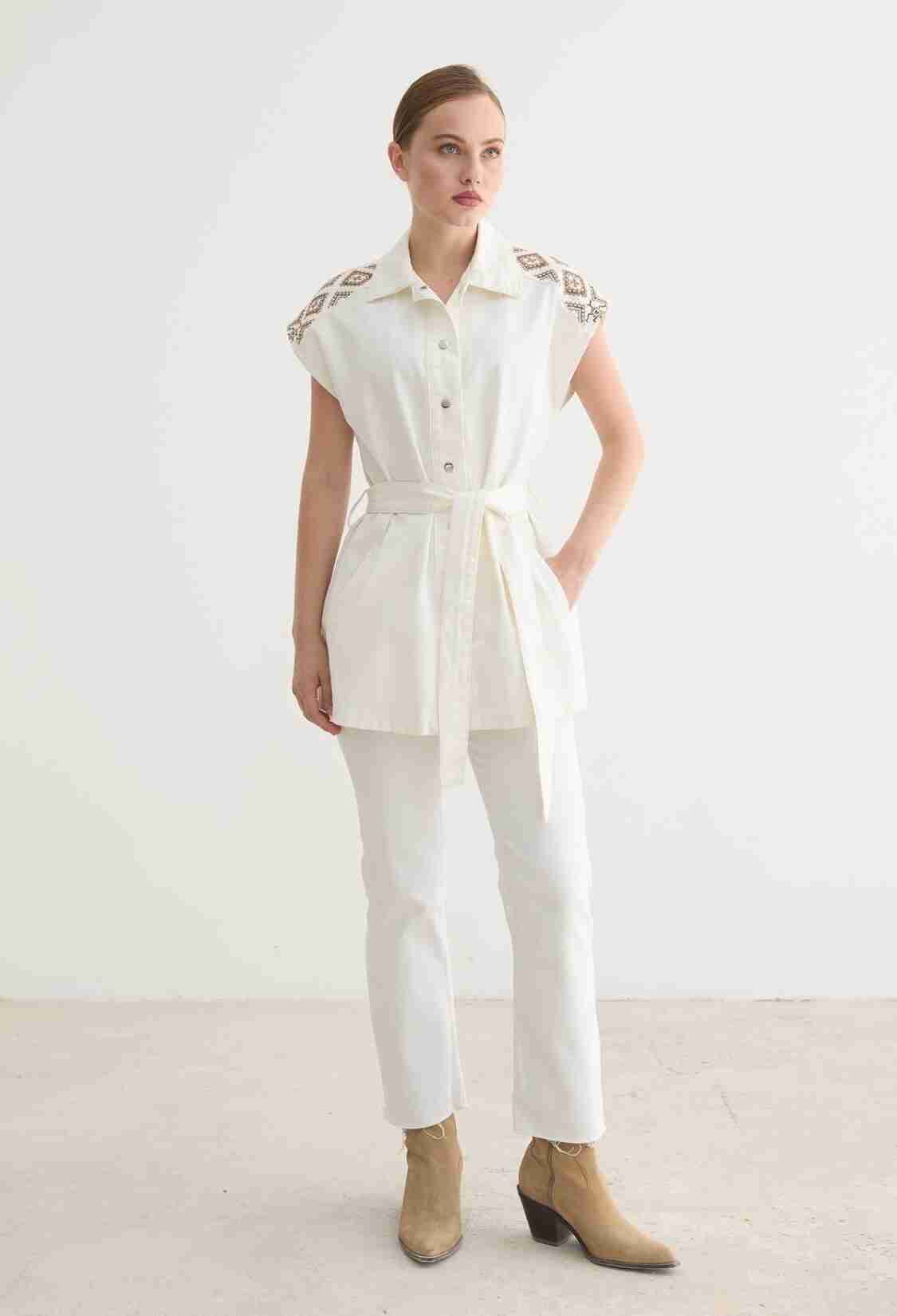 White Ethnic Long Vest With Buttoned Closure - Brand: Levure - Women & Kids, Baby Clothes Wholesale - TheBS Women