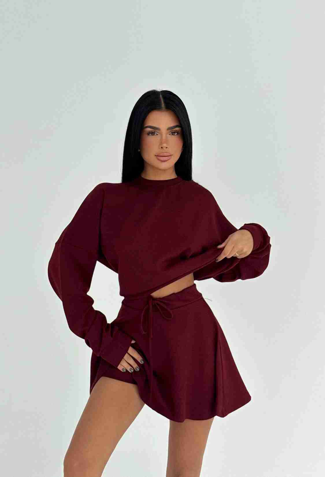 Claret Red Set Elegant Casual Sport Flared Mini Skirt - Brand: EYYO ATELIER - Women & Kids, Baby Clothes Wholesale - TheBS Women