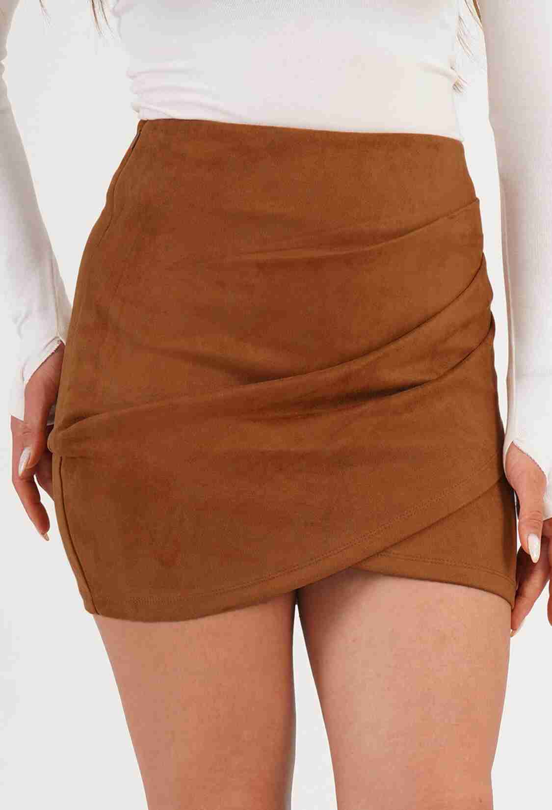 Brown High Waist Wrap Mini Skirt - Brand: Lustrin - Women & Kids, Baby Clothes Wholesale - TheBS Women