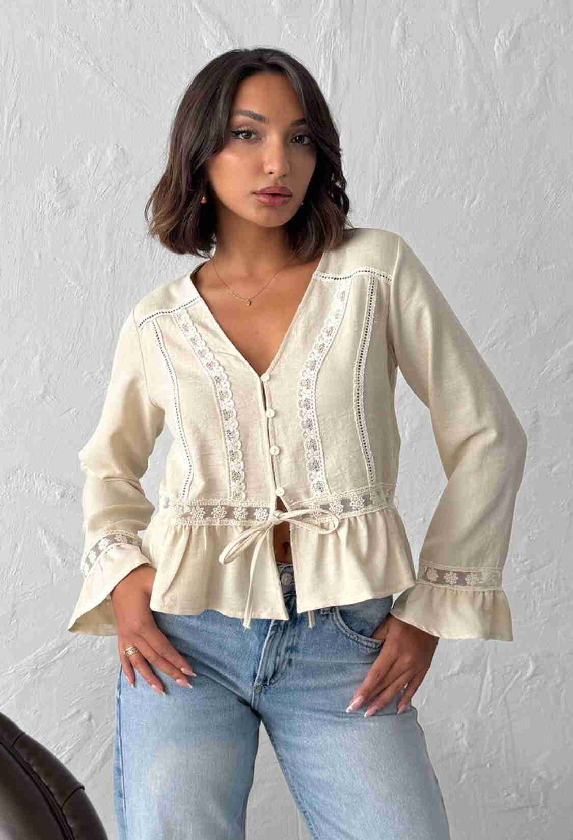 Beige Boho Ruffle Sleeve Blouse - Brand: Topshow - Women & Kids, Baby Clothes Wholesale - TheBS Women