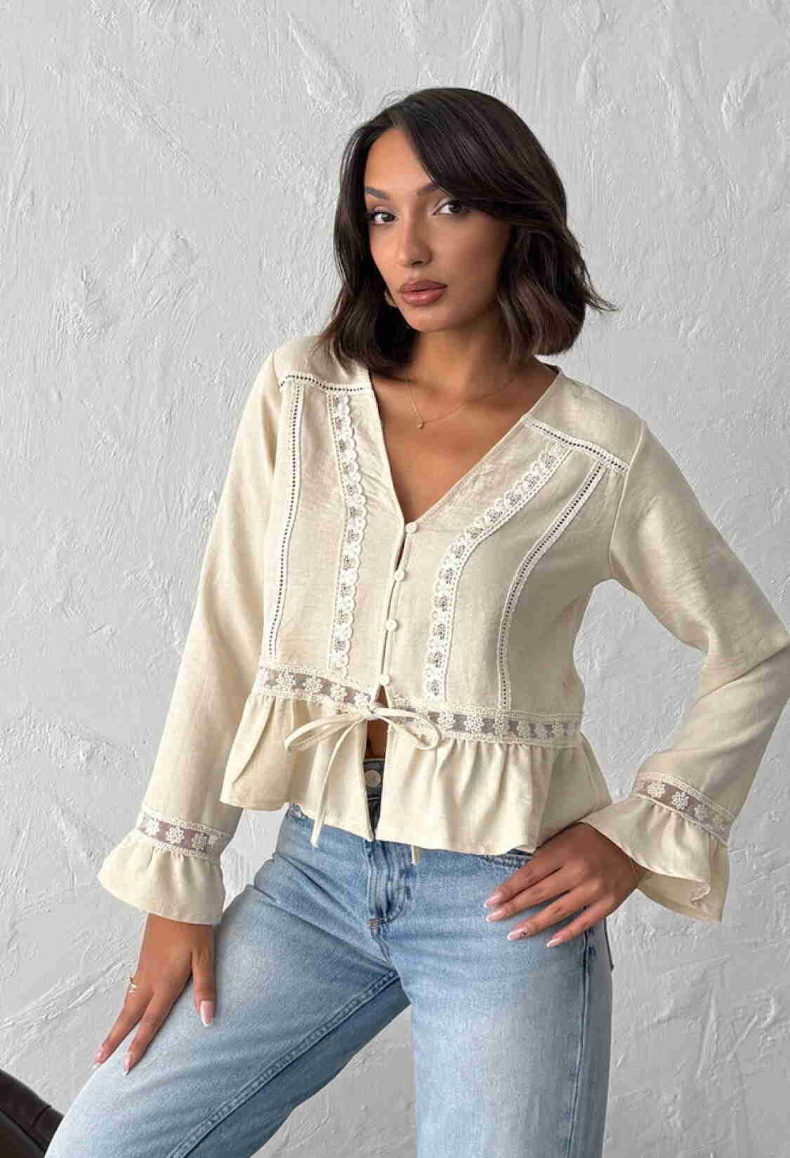 Beige Boho Ruffle Sleeve Blouse - Brand: Topshow - Women & Kids, Baby Clothes Wholesale - TheBS Women
