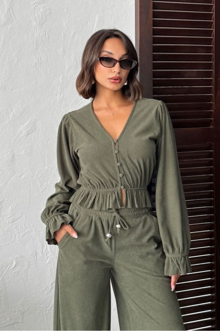 Green Casual V-Neck Crop Shirt - Brand: Topshow - Women & Kids, Baby Clothes Wholesale - TheBS Women