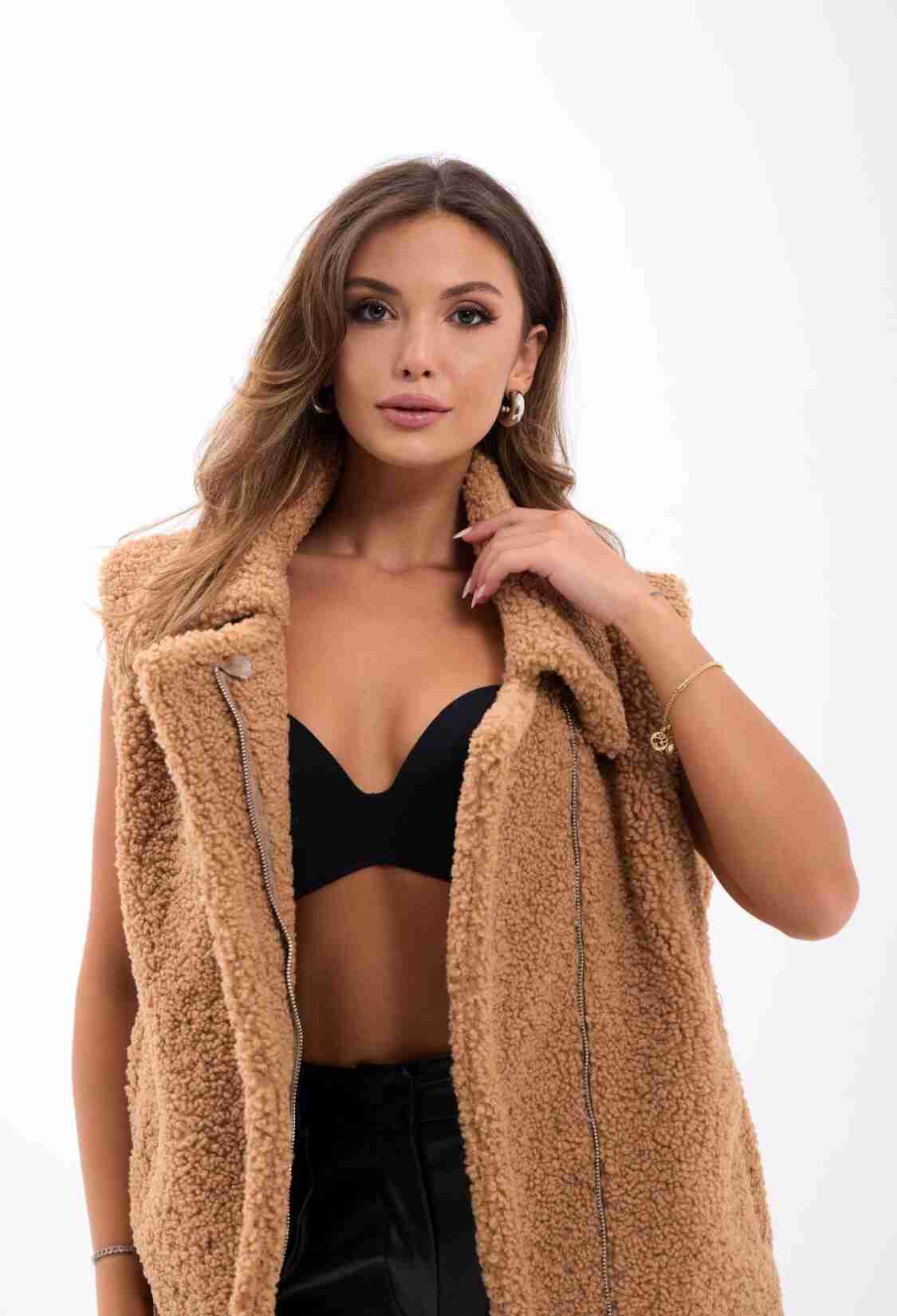 Brown Oversized Casual Zip-Up Vest - Brand: Fame - Women & Kids, Baby Clothes Wholesale - TheBS Women