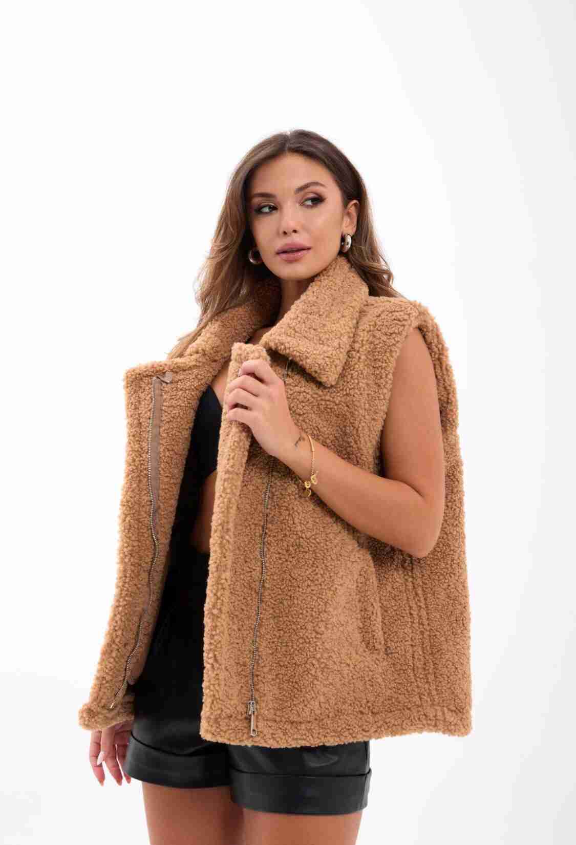 Brown Oversized Casual Zip-Up Vest - Brand: Fame - Women & Kids, Baby Clothes Wholesale - TheBS Women