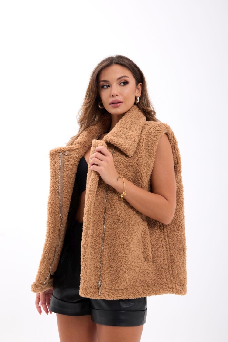 Brown Oversized Casual Zip-Up Vest - Brand: Fame - Women & Kids, Baby Clothes Wholesale - TheBS Women