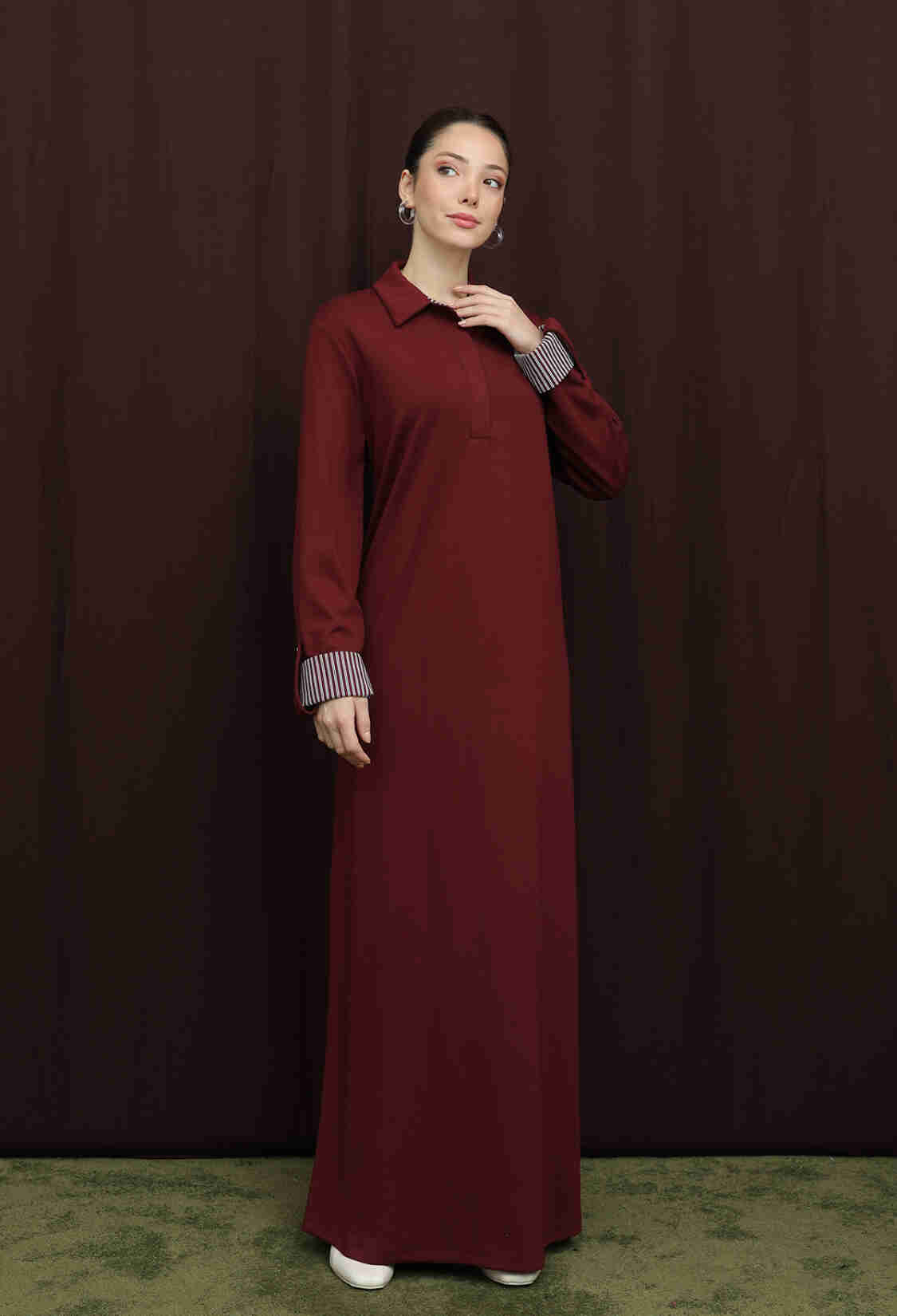 Claret Red Modest Shirt Dress With Polo Neck - Brand: Puane - Women & Kids, Baby Clothes Wholesale - TheBS Women