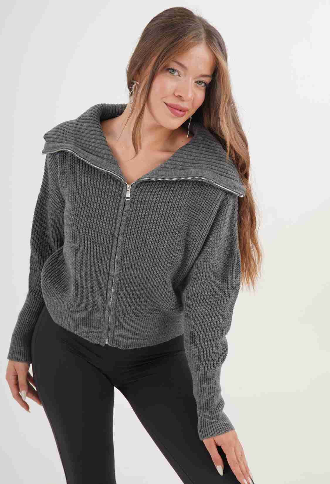 Grey Cardigan With Hooded Neck And Zip Up Closure - Brand: Lustrin - Women & Kids, Baby Clothes Wholesale - TheBS Women