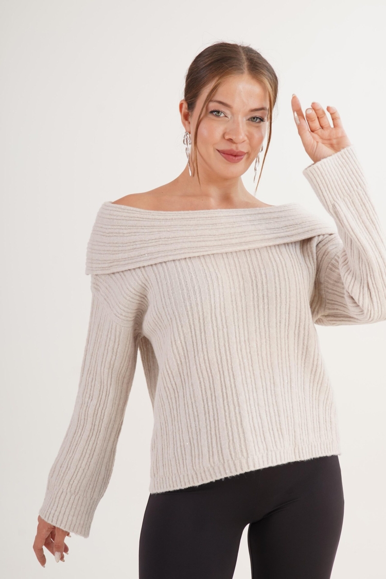 Beige Sweater With Off Shoulder Neck And Stripes - Brand: Lustrin - Women & Kids, Baby Clothes Wholesale - TheBS Women