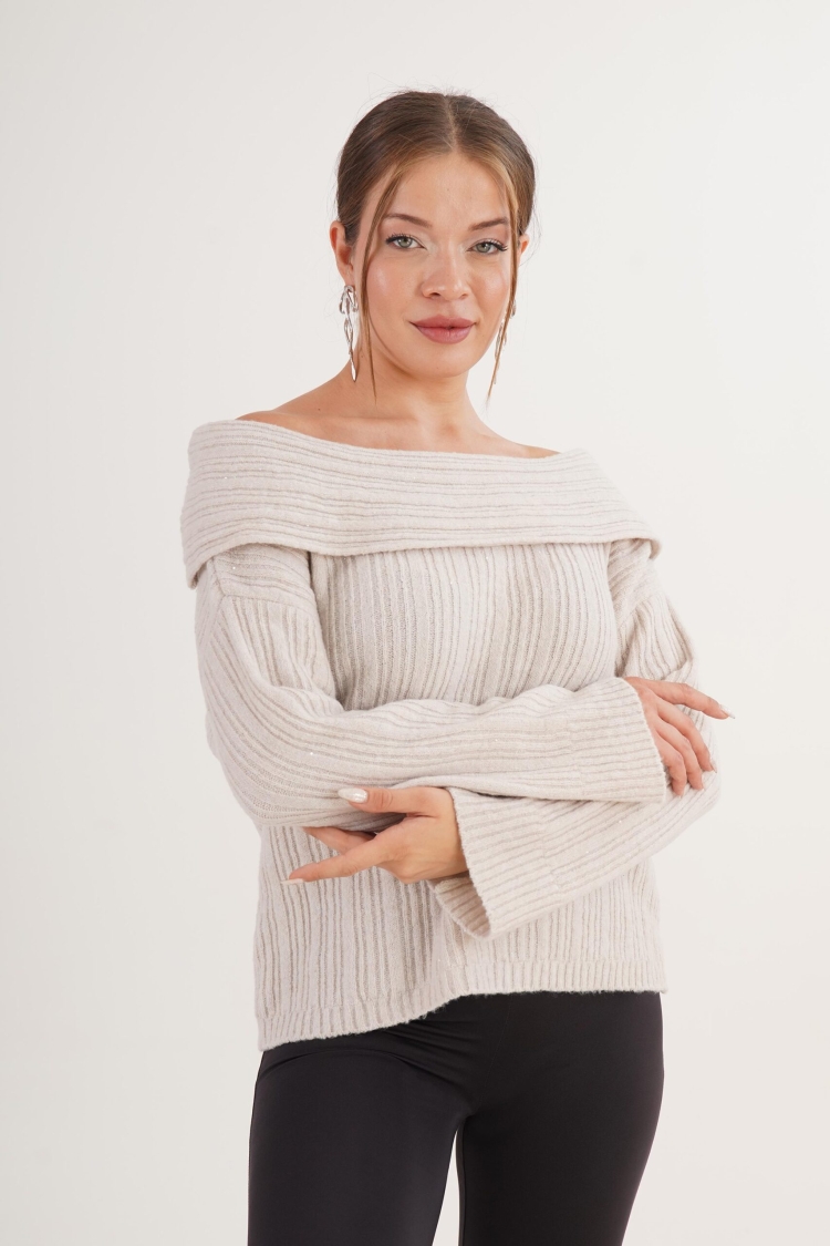 Beige Sweater With Off Shoulder Neck And Stripes - Brand: Lustrin - Women & Kids, Baby Clothes Wholesale - TheBS Women