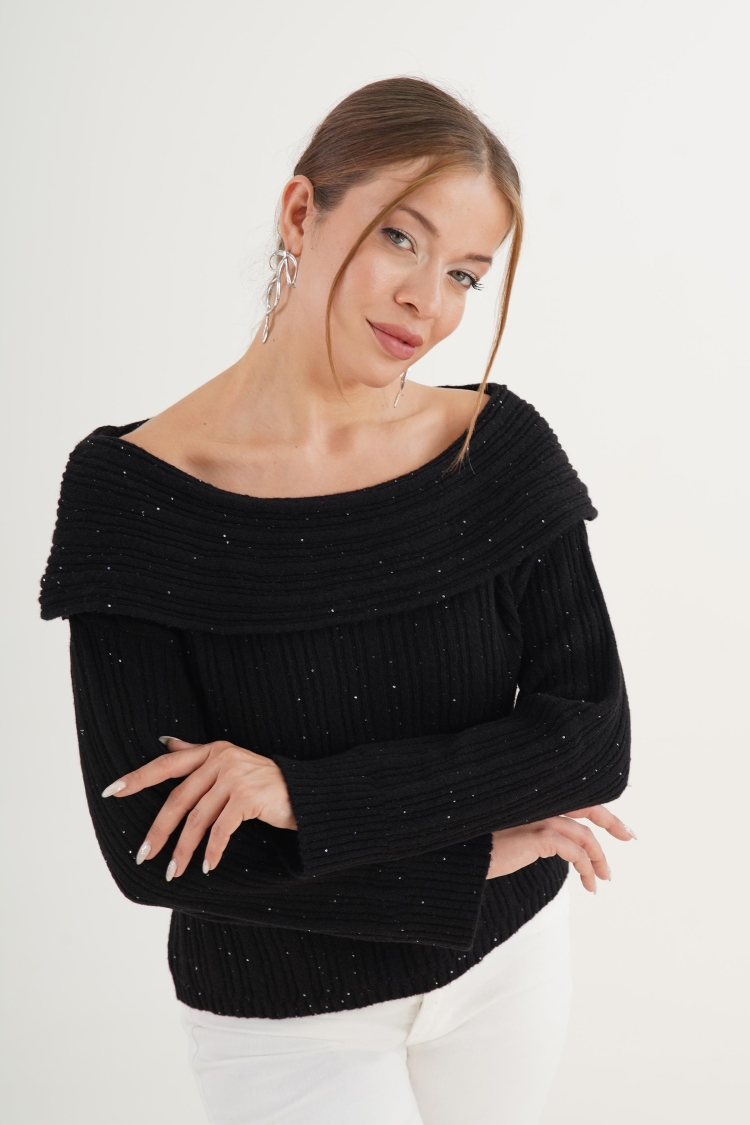 Sweater With Sequined Off Shoulder Neck - Brand: Lustrin - Women & Kids, Baby Clothes Wholesale - TheBS Women