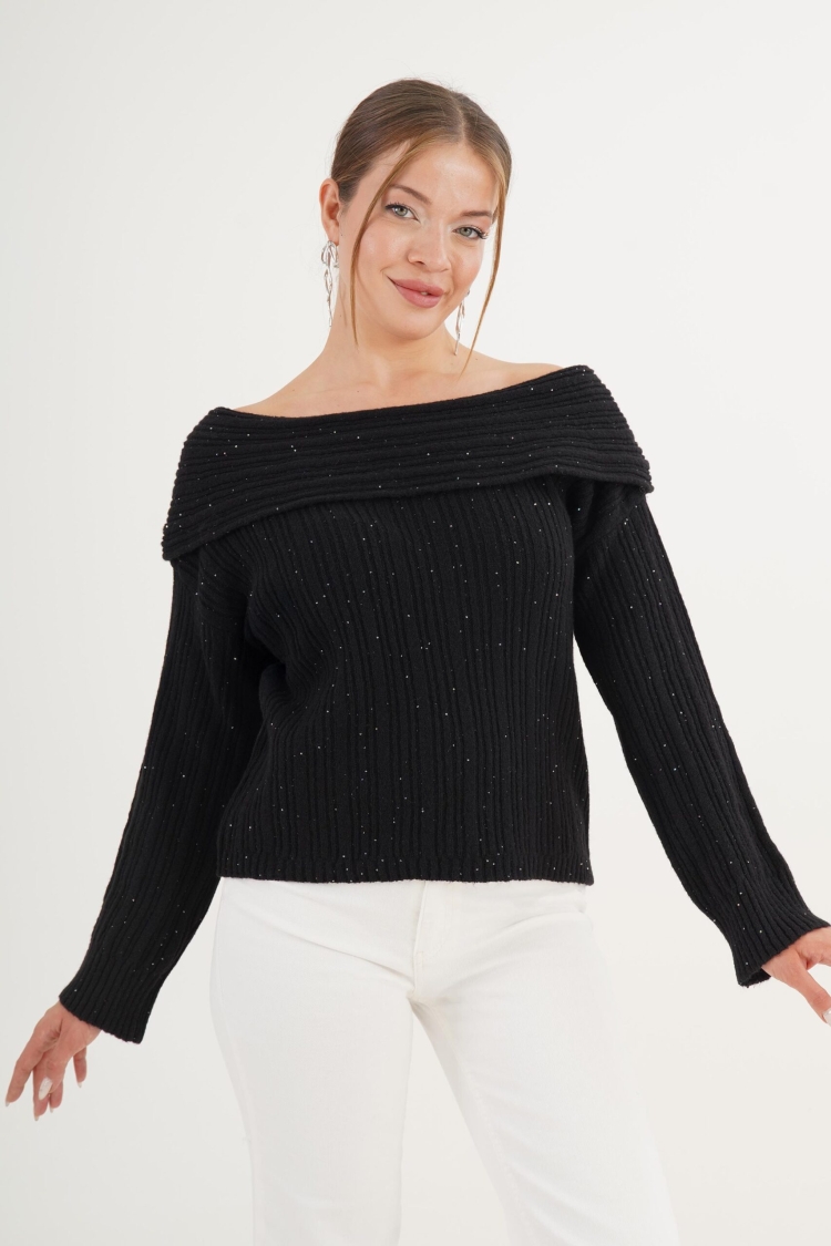 Sweater With Sequined Off Shoulder Neck - Brand: Lustrin - Women & Kids, Baby Clothes Wholesale - TheBS Women