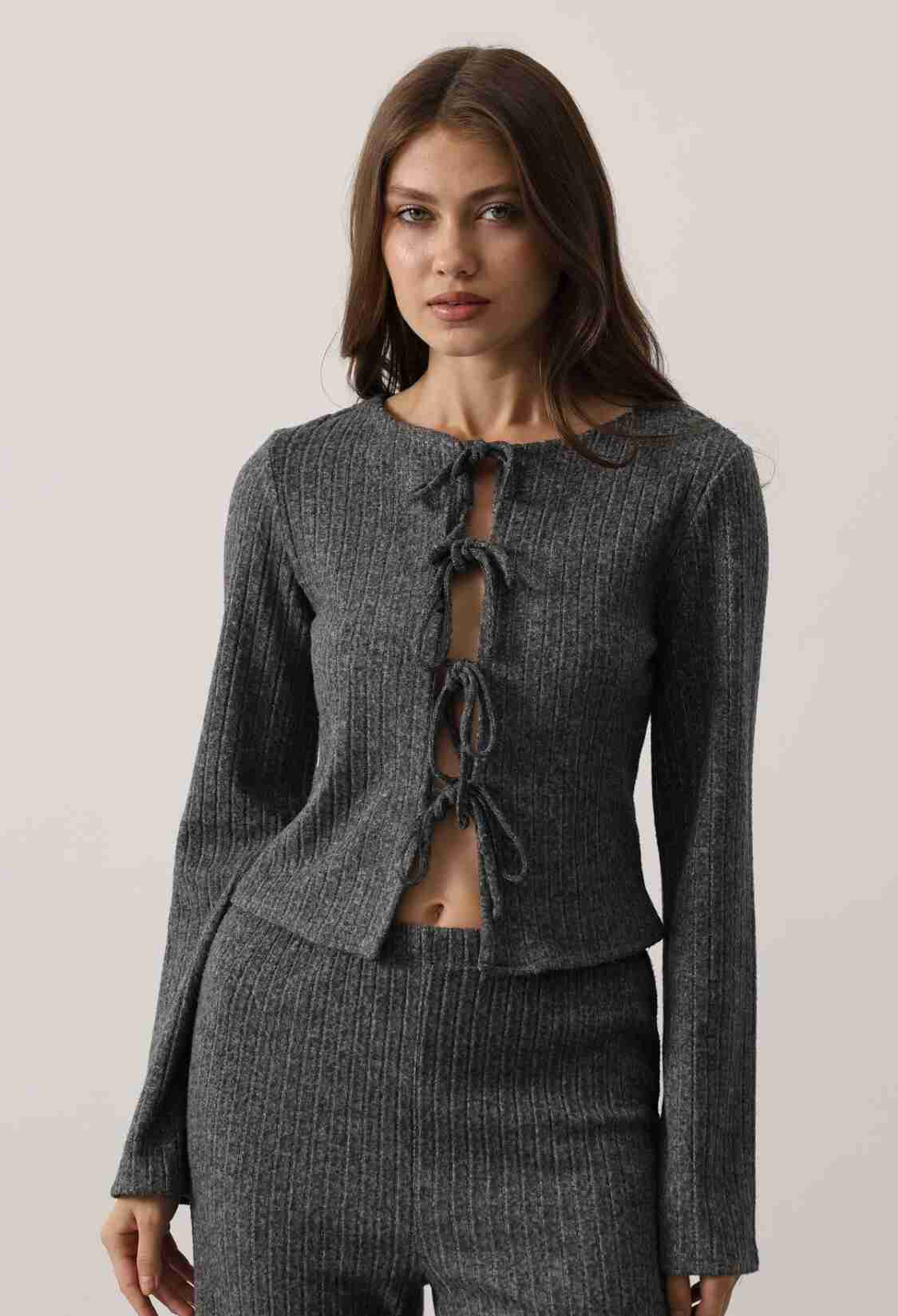 Grey Striped Slim Fit Blouse With Long Sleeves - Brand: Reyon - Women & Kids, Baby Clothes Wholesale - TheBS Women