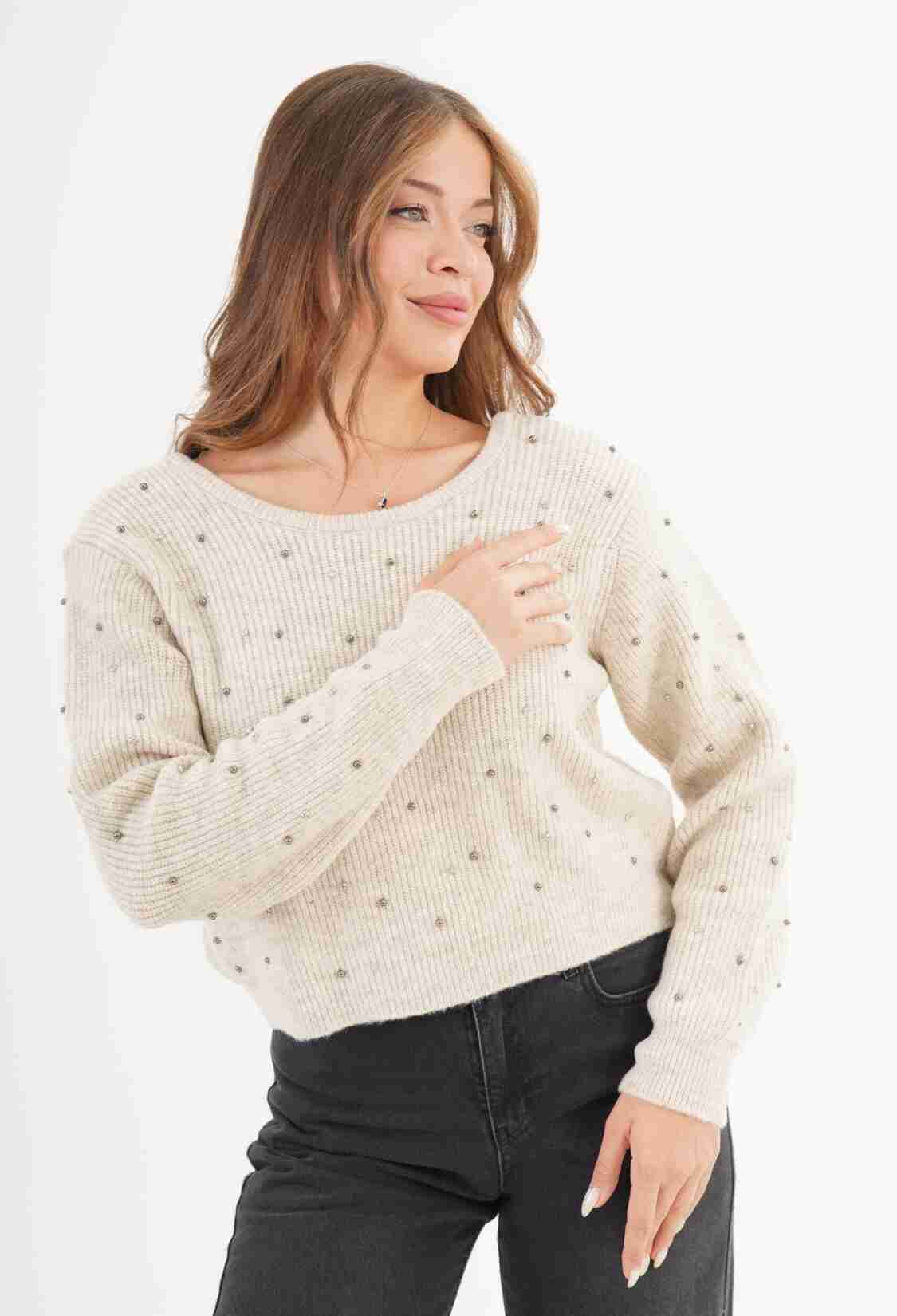 Beige Sweater With Sequined Pattern - Casual Retro Style - Brand: Lustrin - Women & Kids, Baby Clothes Wholesale - TheBS Women