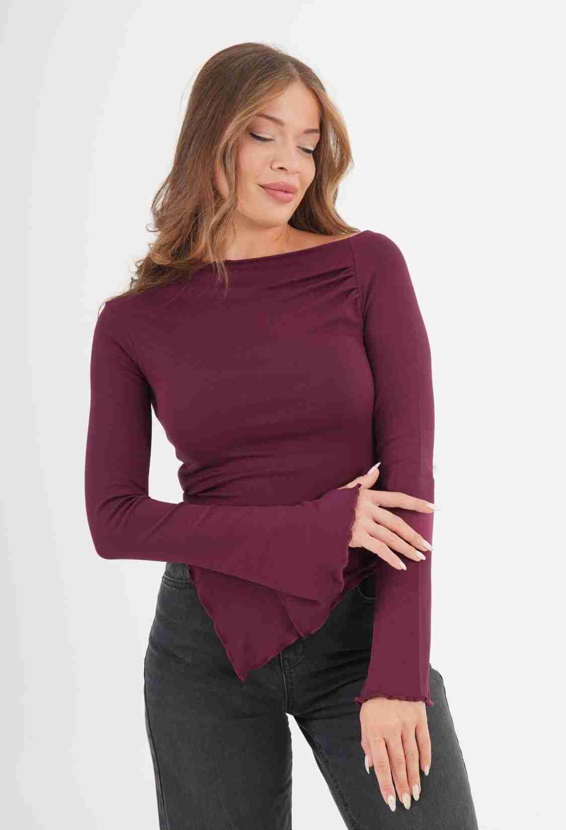 Claret Red Blouse With Bell Sleeves And Boat Neck - Brand: Lustrin - Women & Kids, Baby Clothes Wholesale - TheBS Women