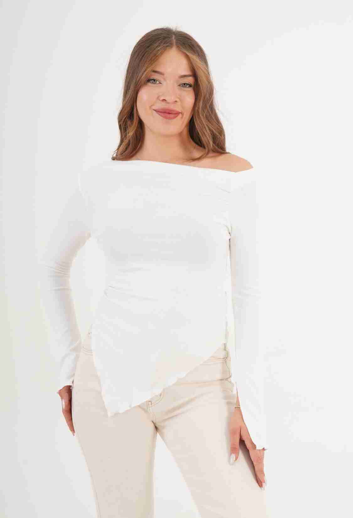 White Slim Fit Off Shoulder Neck Blouse - Brand: Lustrin - Women & Kids, Baby Clothes Wholesale - TheBS Women
