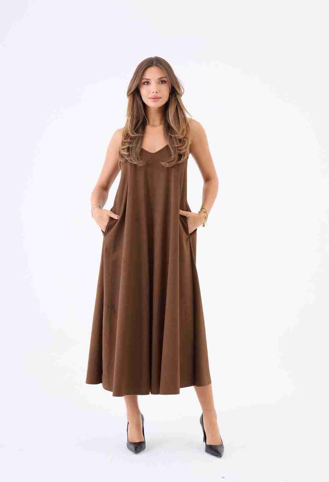 Brown Slip Midi Dress With V-Neck And Cap Sleeves - Brand: Fame - Women & Kids, Baby Clothes Wholesale - TheBS Women