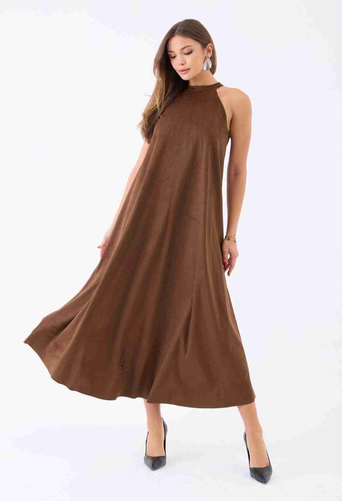 Brown A-Line Maxi Dress With High Neck & Cap Sleeves - Brand: Fame - Women & Kids, Baby Clothes Wholesale - TheBS Women