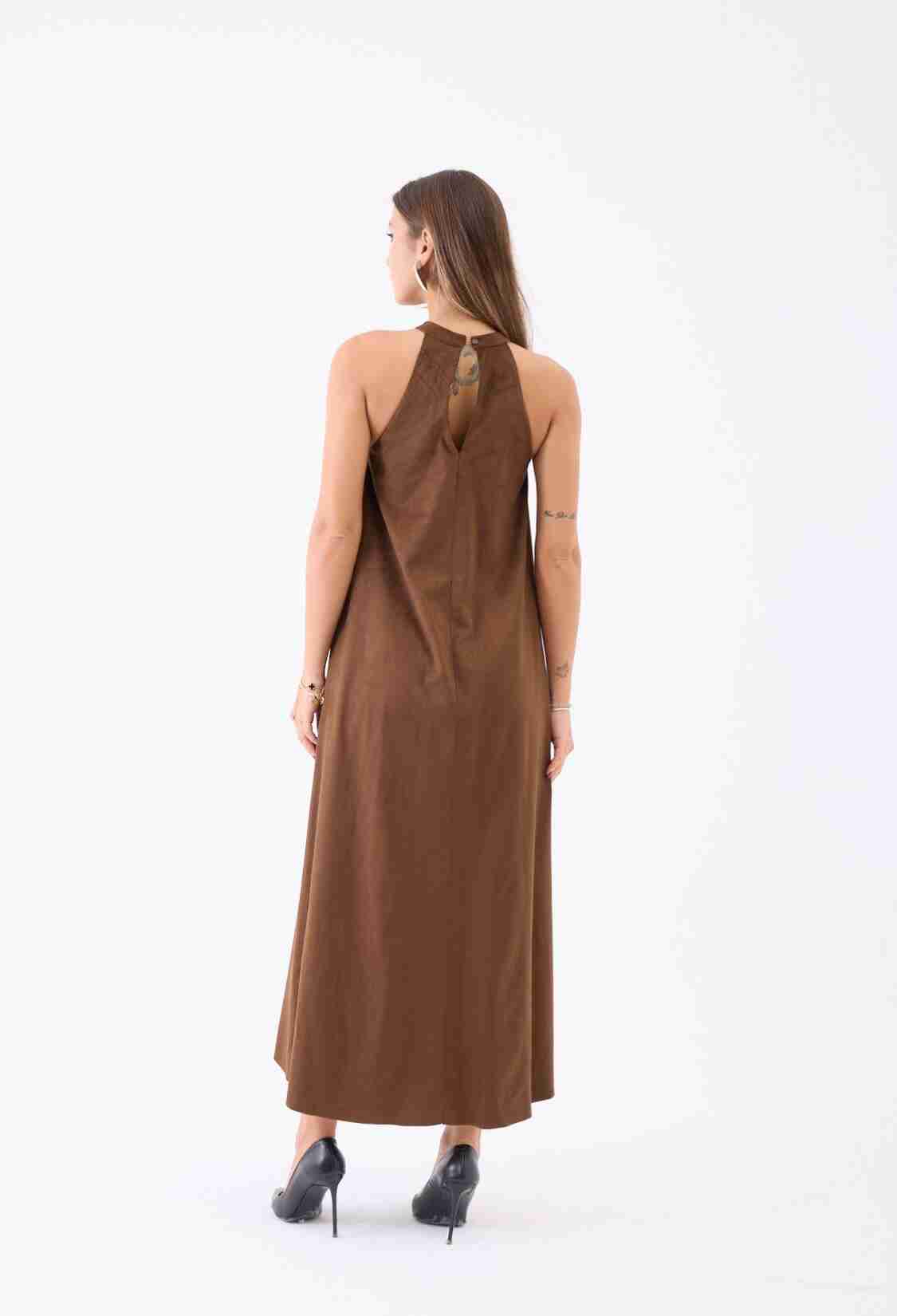 Brown A-Line Maxi Dress With High Neck & Cap Sleeves - Brand: Fame - Women & Kids, Baby Clothes Wholesale - TheBS Women