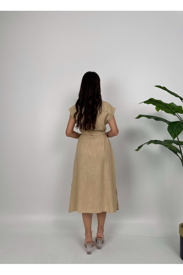 Beige Cap Sleeve Polo Neck Midi Shirt Dress - Brand: Miss Janell - Women & Kids, Baby Clothes Wholesale - TheBS Women