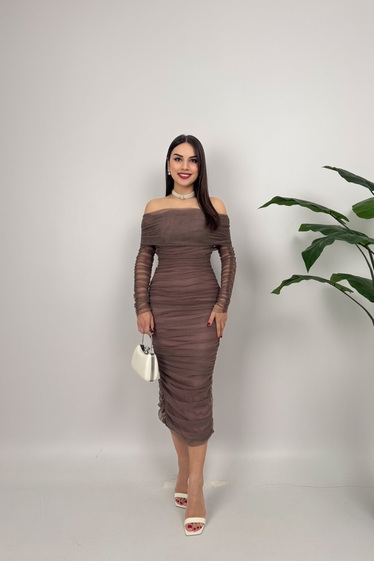 Brown Elegant Bodycon Dress With Off Shoulder Neck - Brand: Miss Janell - Women & Kids, Baby Clothes Wholesale - TheBS Women