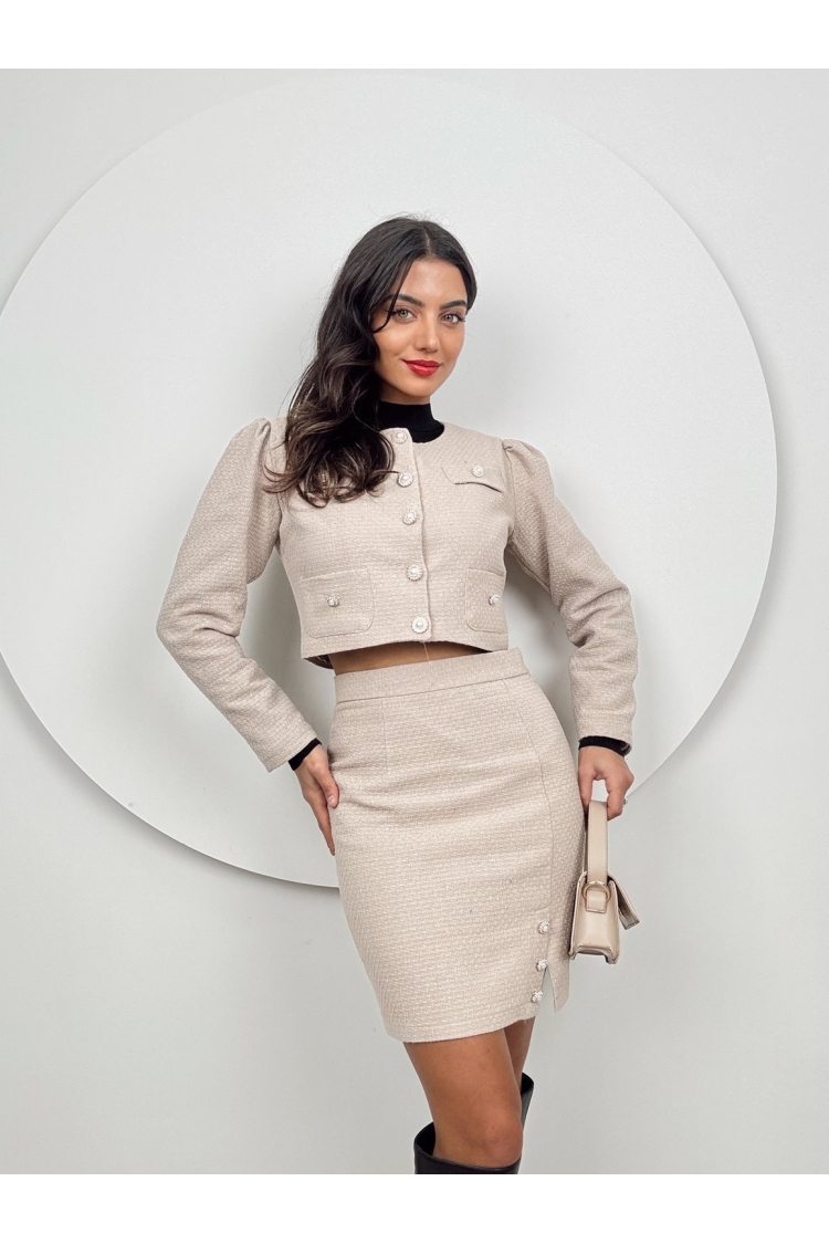 Elegant Beige Pencil Mini Skirt With Flap Pocket - Brand: Miss Janell - Women & Kids, Baby Clothes Wholesale - TheBS Women