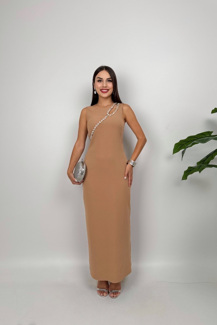 Elegant Beige Sheath Dress With Cap Sleeves - Brand: Miss Janell - Women & Kids, Baby Clothes Wholesale - TheBS Women