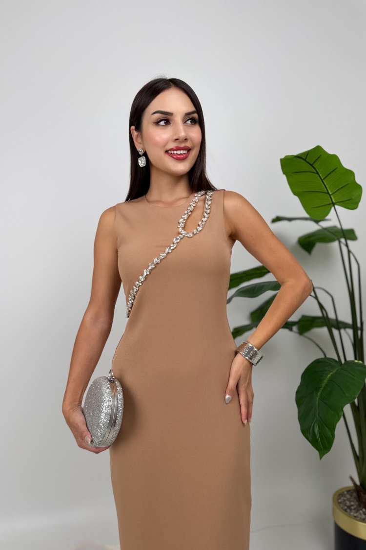 Elegant Beige Sheath Dress With Cap Sleeves - Brand: Miss Janell - Women & Kids, Baby Clothes Wholesale - TheBS Women