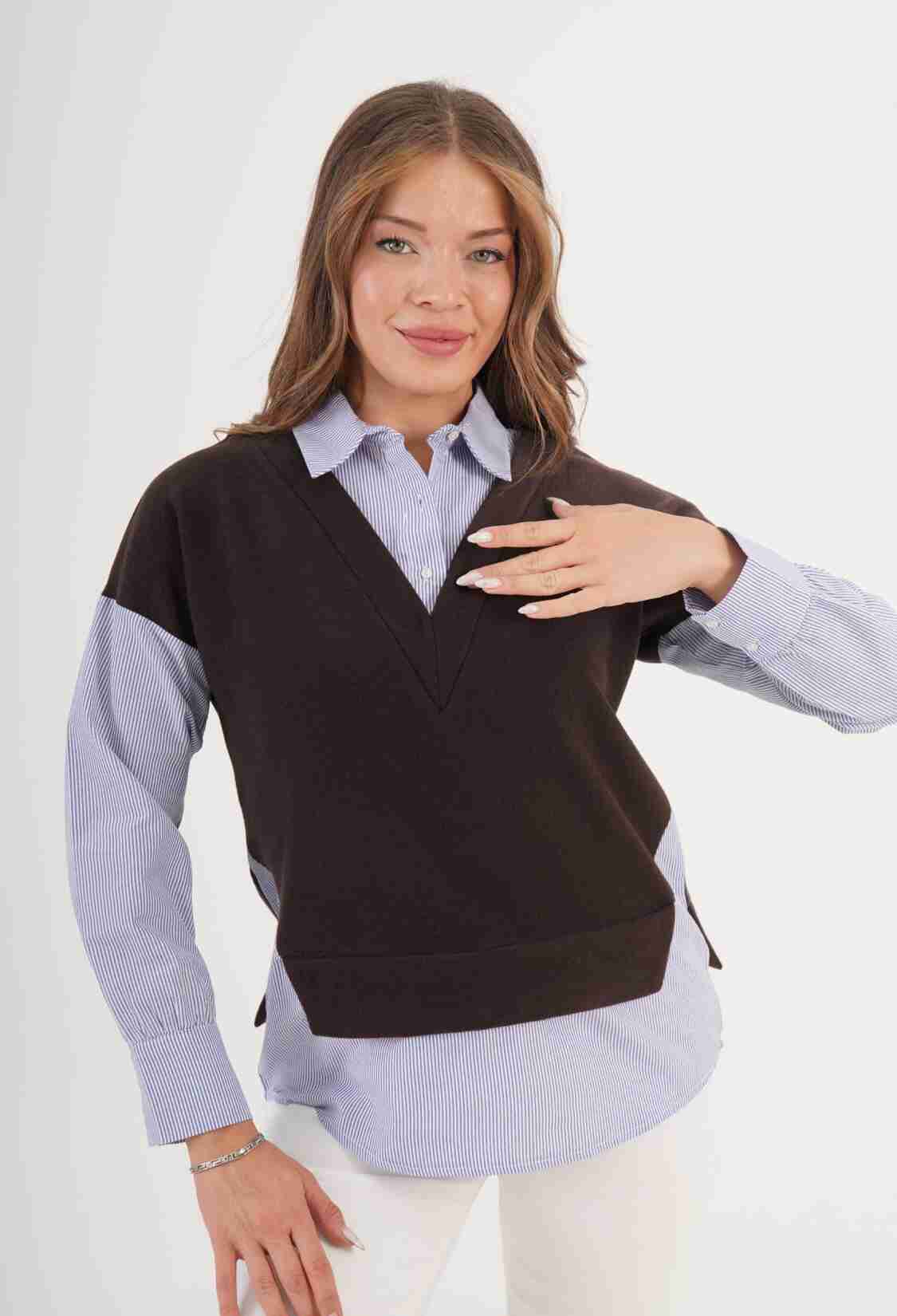 Brown Preppy Casual Elegant Blouse - Brand: Lustrin - Women & Kids, Baby Clothes Wholesale - TheBS Women